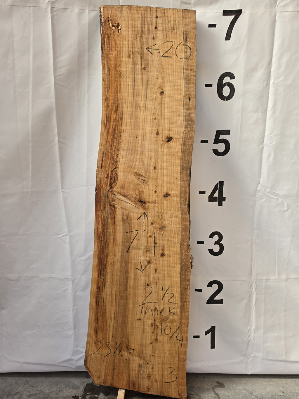 Bald cypress live edge slab CYP-26-01-03, 7 ft 1 in long, 20 to 23 1/2 in wide, 2 1/2 in thick, 32.1 board feet