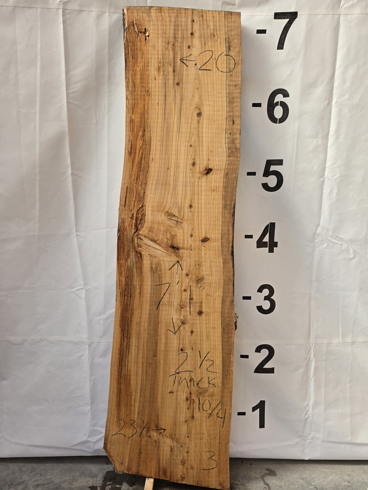 Bald cypress live edge slab CYP-26-01-03, 7 ft 1 in long, 20 to 23 1/2 in wide, 2 1/2 in thick, 32.1 board feet