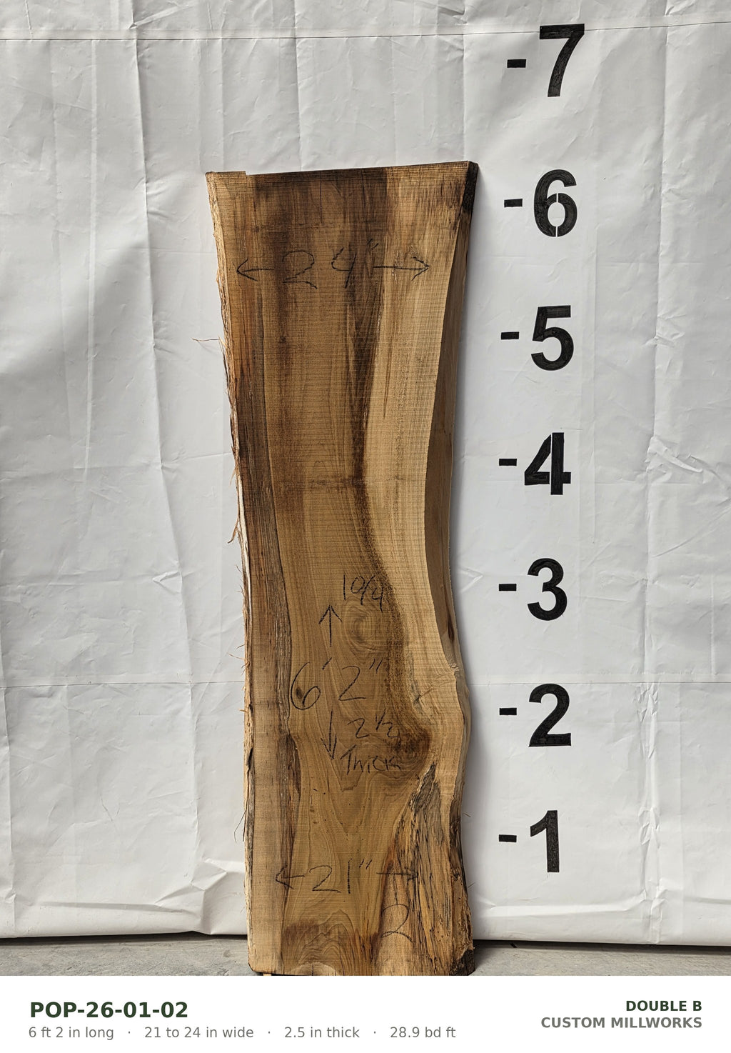Tulip poplar live edge slab POP-26-01-02, 6 ft 2 in long, 21 to 24 in wide, 2 1/2 in thick, 28.9 board feet
