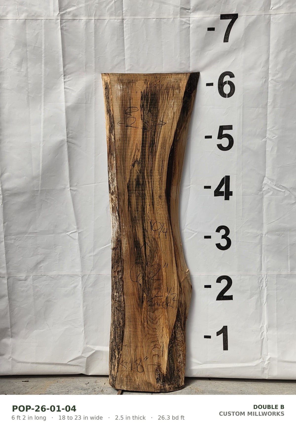 Tulip poplar live edge slab POP-26-01-04, 6 ft 2 in long, 18 to 23 in wide, 2 1/2 in thick, 26.3 board feet
