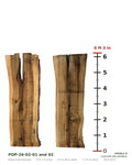 Tulip poplar book-matched live edge slab set POP-26-02-01 and 02 next to a length ruler, each slab 6 ft 3 in long, 24 to 26 in wide, 2 1/4 in thick, 58.6 board feet for the pair