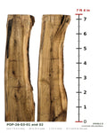 Tulip poplar book-matched live edge slab set POP-26-03-01 and 02 next to a length ruler, each slab 7 ft 4 in long, 20 to 24 in wide, 2 1/2 in thick, 67.2 board feet for the pair