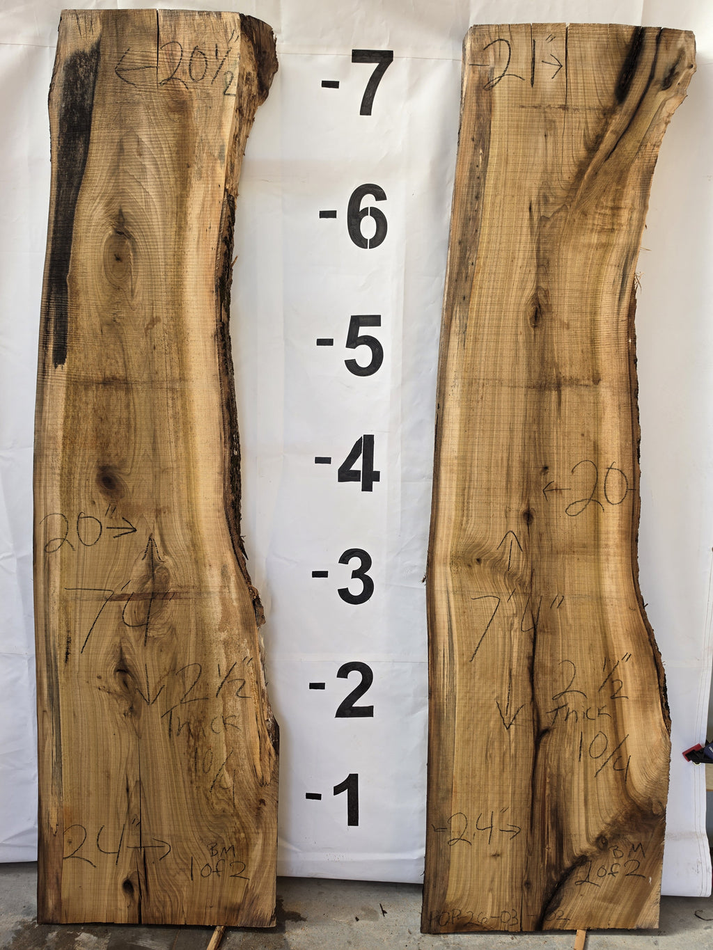 Tulip poplar book-matched live edge slab set POP-26-03-01 and 02, each slab 7 ft 4 in long, 20 to 24 in wide, 2 1/2 in thick