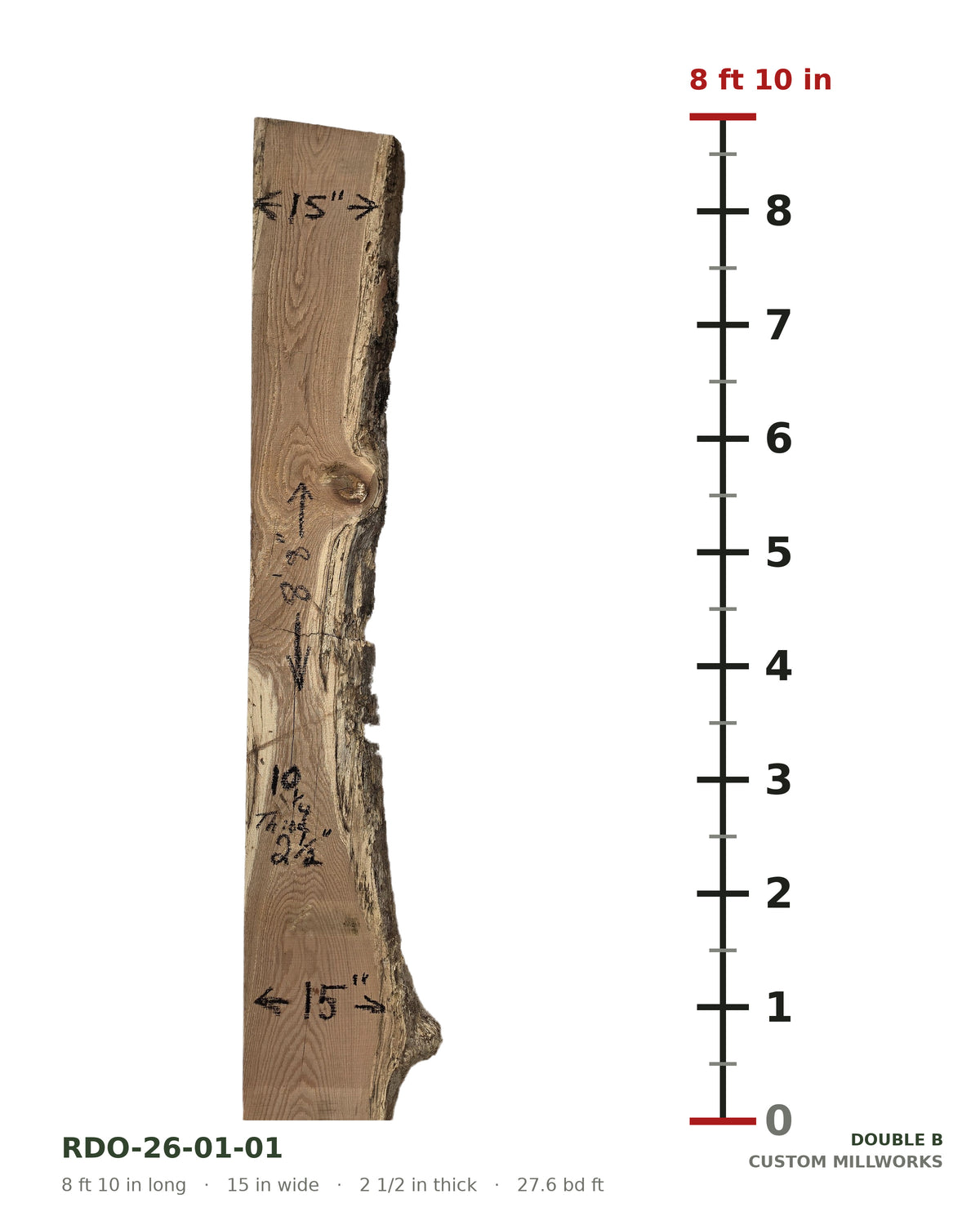 Red oak live edge slab RDO-26-01-01 next to a length ruler, 8 ft 10 in long, 15 in wide, 2 1/2 in thick, 27.6 board feet
