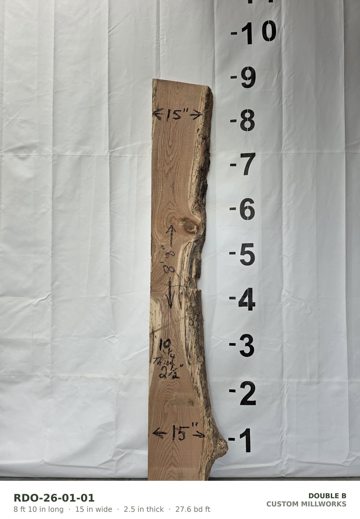 Red oak live edge slab RDO-26-01-01, 8 ft 10 in long, 15 in wide, 2 1/2 in thick, 27.6 board feet