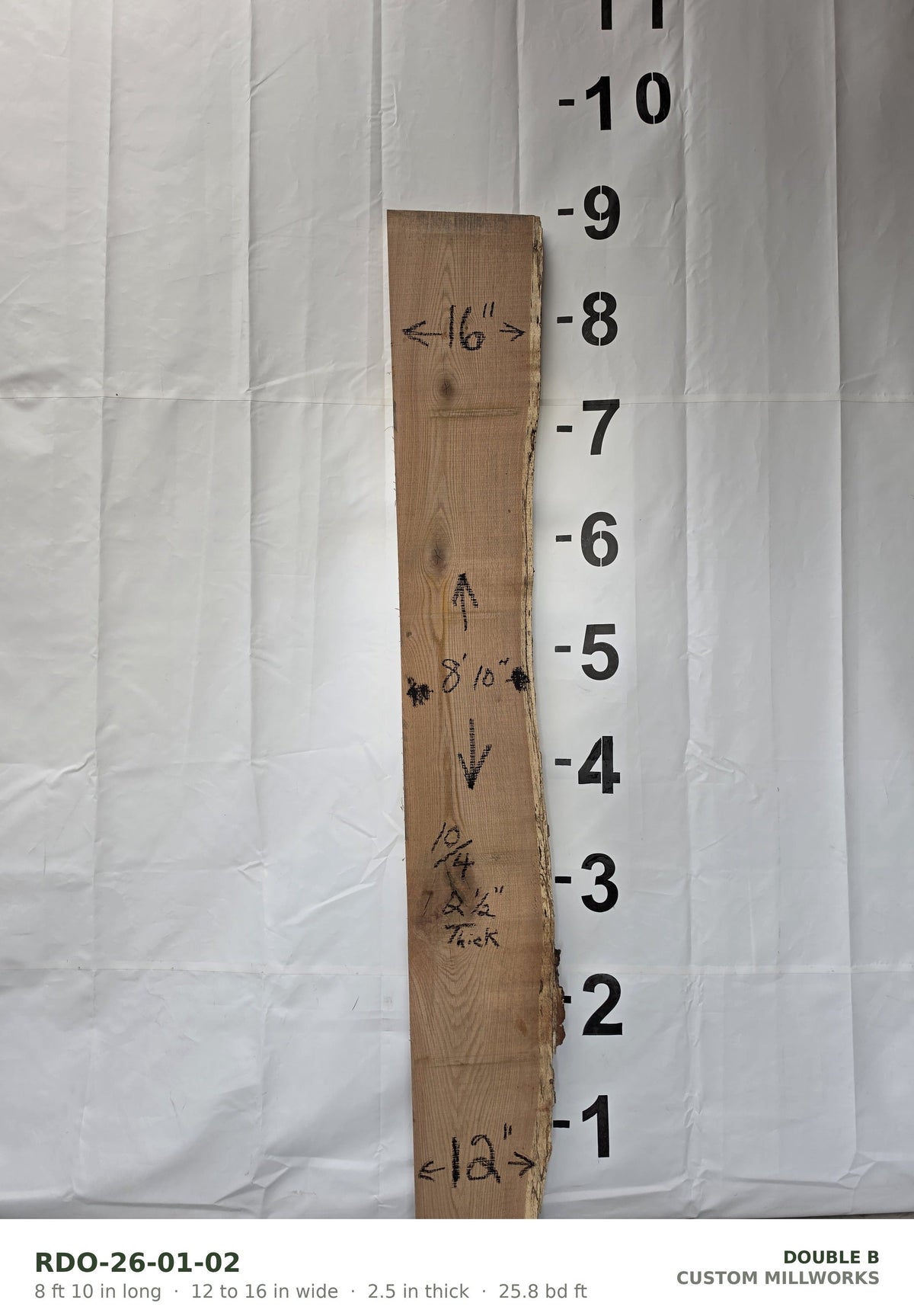 Red oak live edge slab RDO-26-01-02, 8 ft 10 in long, 12 to 16 in wide, 2 1/2 in thick, 25.8 board feet