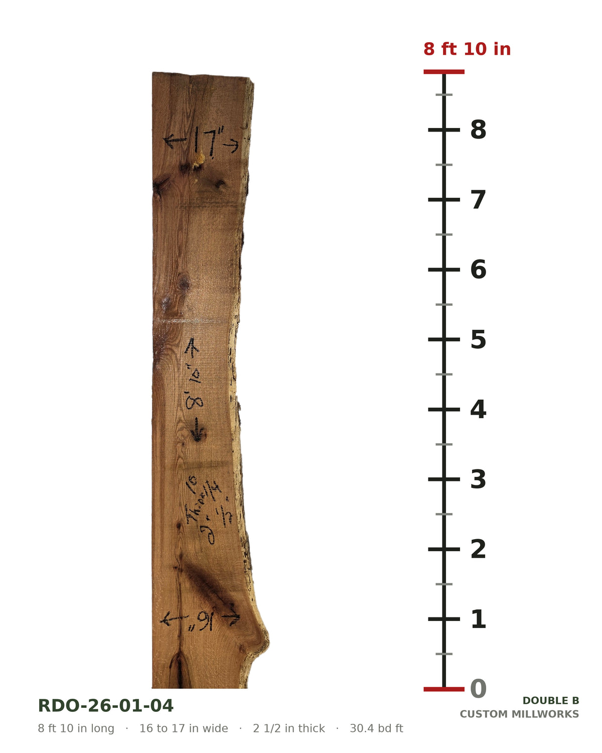 Red oak live edge slab RDO-26-01-04 next to a length ruler, 8 ft 10 in long, 16 to 17 in wide, 2 1/2 in thick, 30.4 board feet