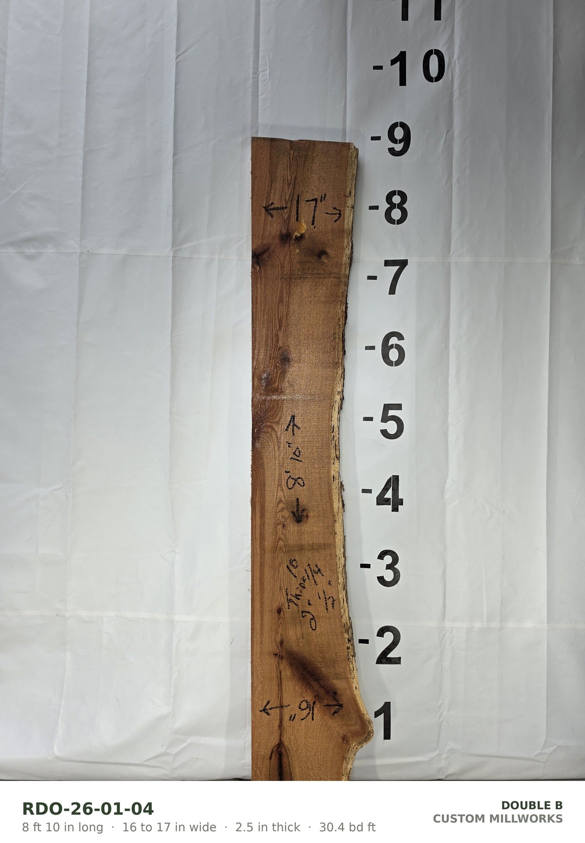 Red oak live edge slab RDO-26-01-04, 8 ft 10 in long, 16 to 17 in wide, 2 1/2 in thick, 30.4 board feet