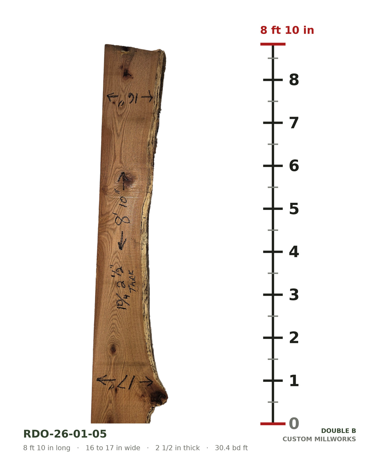 Red oak live edge slab RDO-26-01-05 next to a length ruler, 8 ft 10 in long, 16 to 17 in wide, 2 1/2 in thick, 30.4 board feet