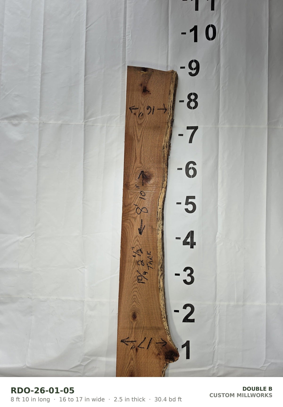 Red oak live edge slab RDO-26-01-05, 8 ft 10 in long, 16 to 17 in wide, 2 1/2 in thick, 30.4 board feet