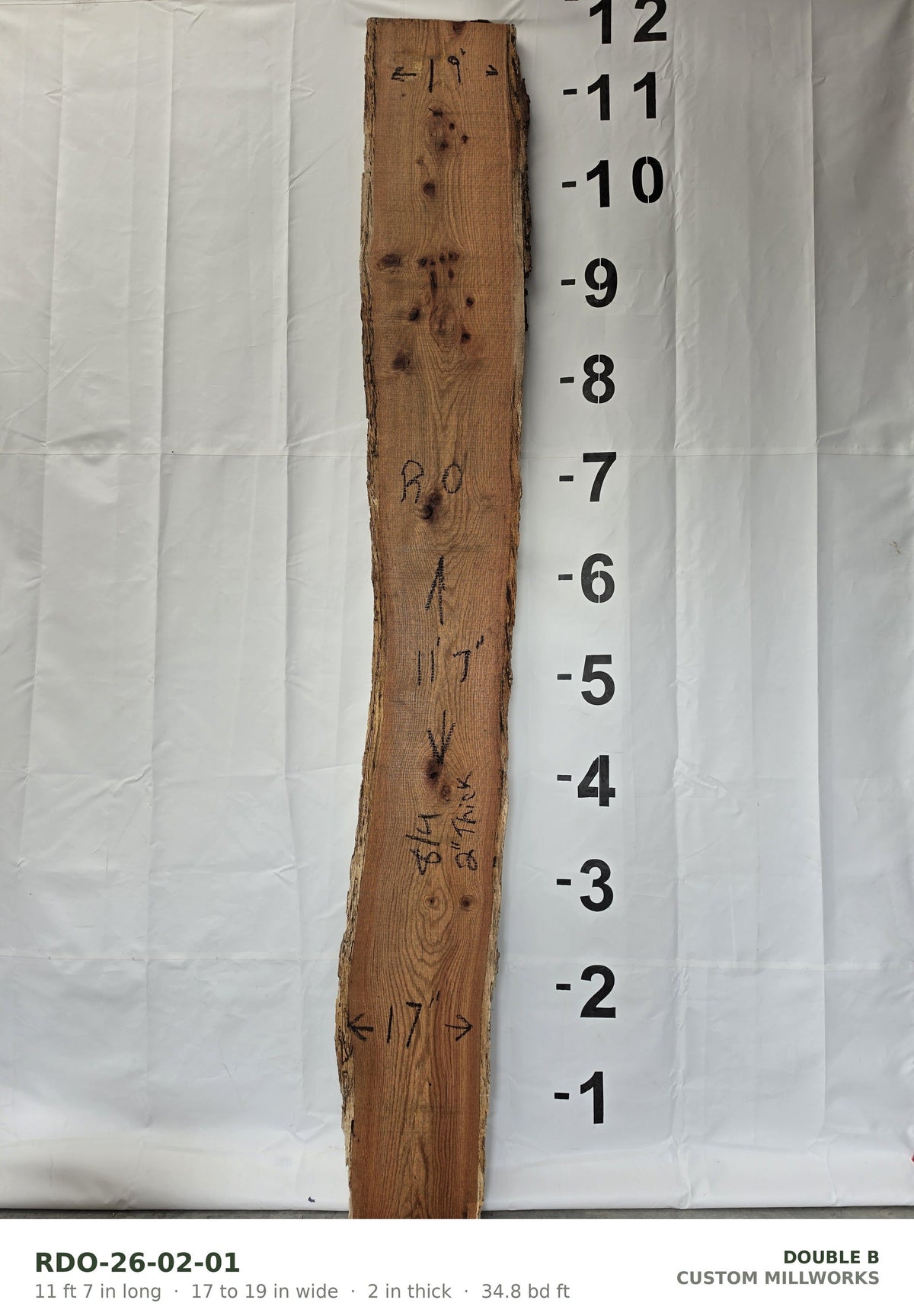 Red oak live edge slab RDO-26-02-01, 11 ft 7 in long, 17 to 19 in wide, 2 in thick, 34.8 board feet