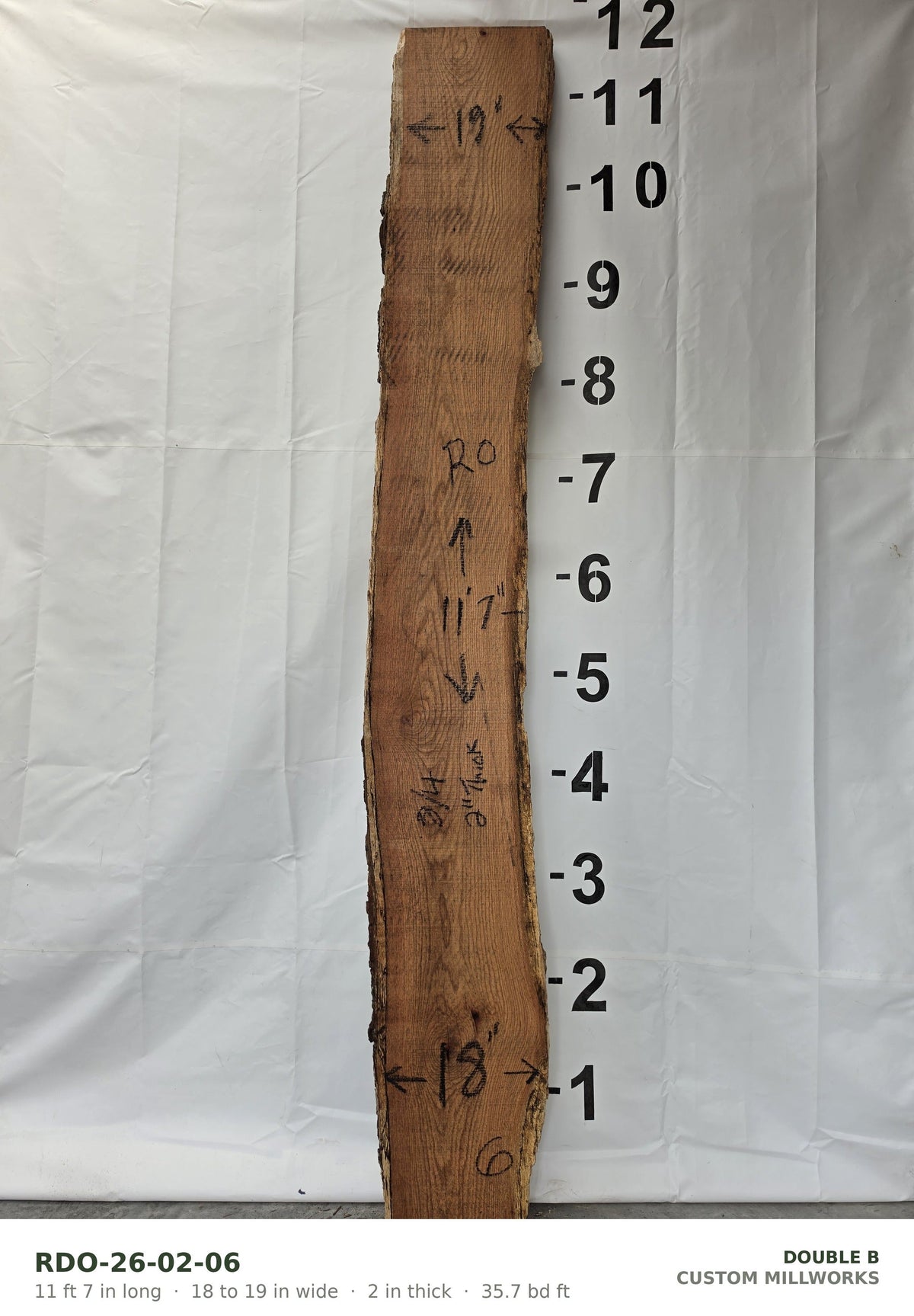 Red oak live edge slab RDO-26-02-06, 11 ft 7 in long, 18 to 19 in wide, 2 in thick, 35.7 board feet