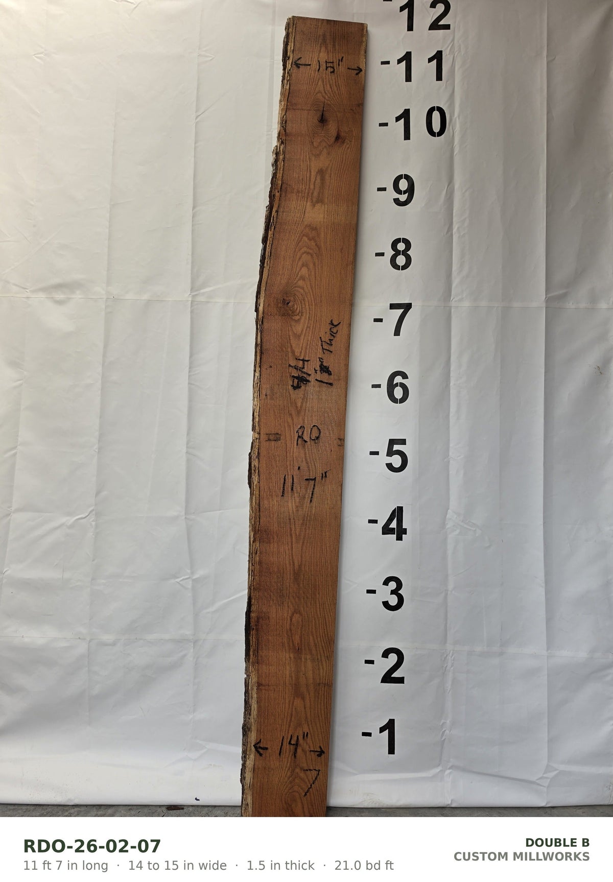 Red oak live edge slab RDO-26-02-07, 11 ft 7 in long, 14 to 15 in wide, 1 1/2 in thick, 21.0 board feet