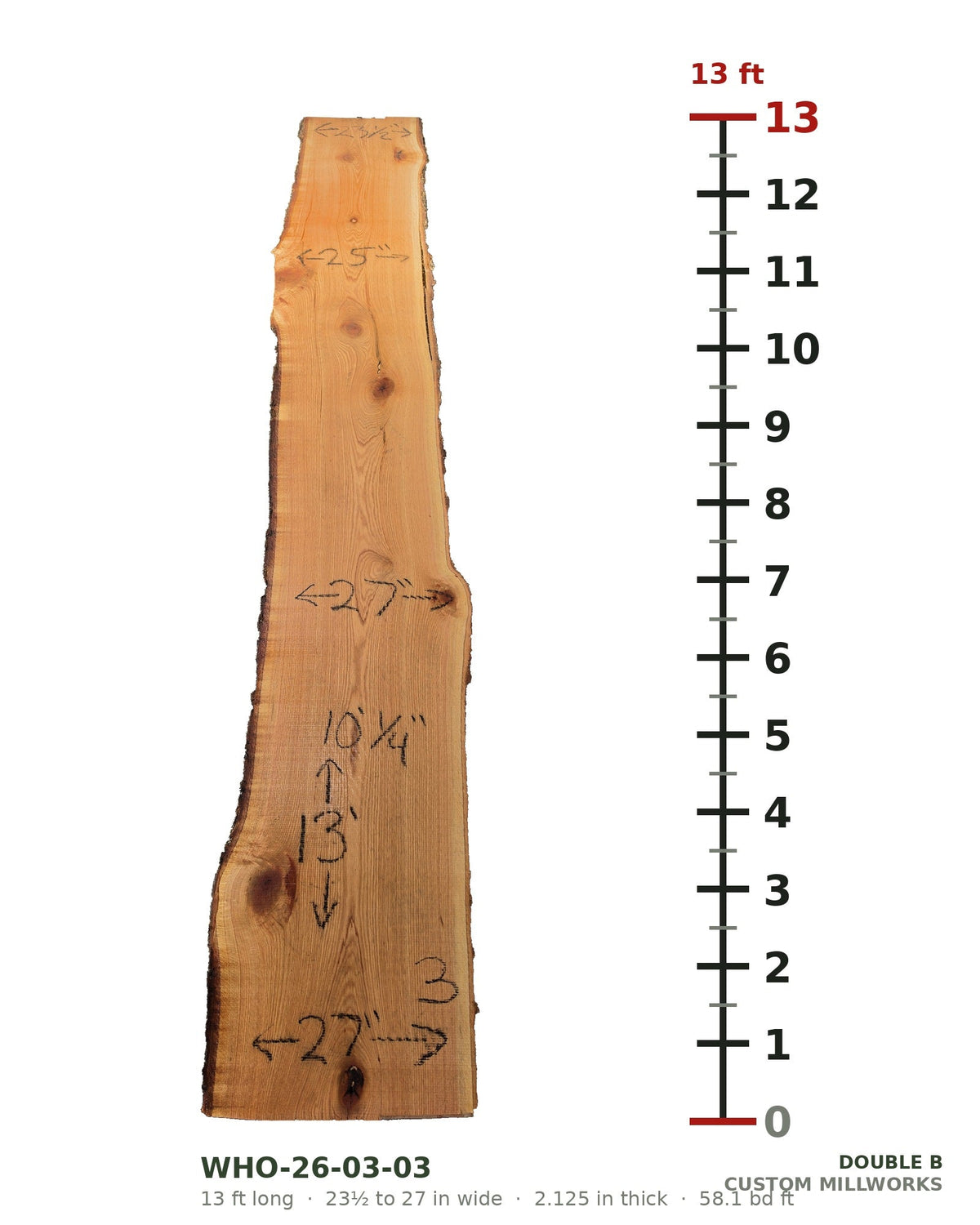 White oak live edge slab WHO-26-03-03, 13 ft long, 23 1/2 to 27 in wide, 2 1/8 in thick, 58.1 board feet