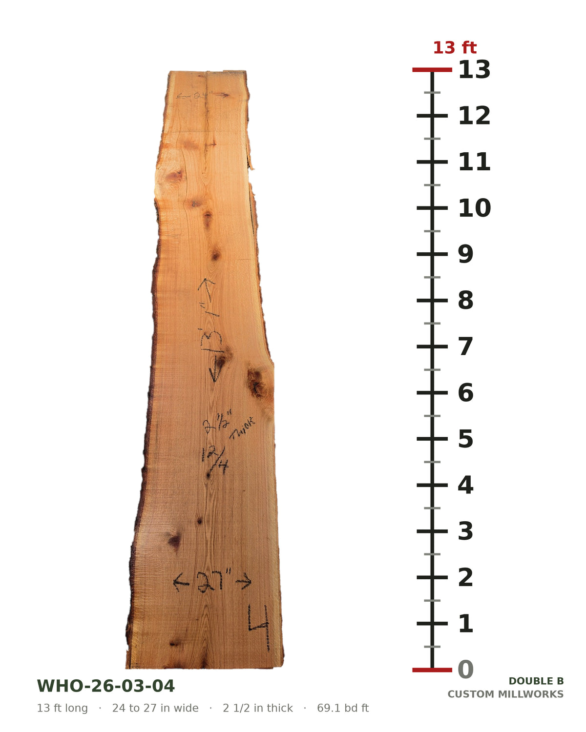 White oak live edge slab WHO-26-03-04 next to a length ruler, 13 ft long, 24 to 27 in wide, 2 1/2 in thick, 69.1 board feet