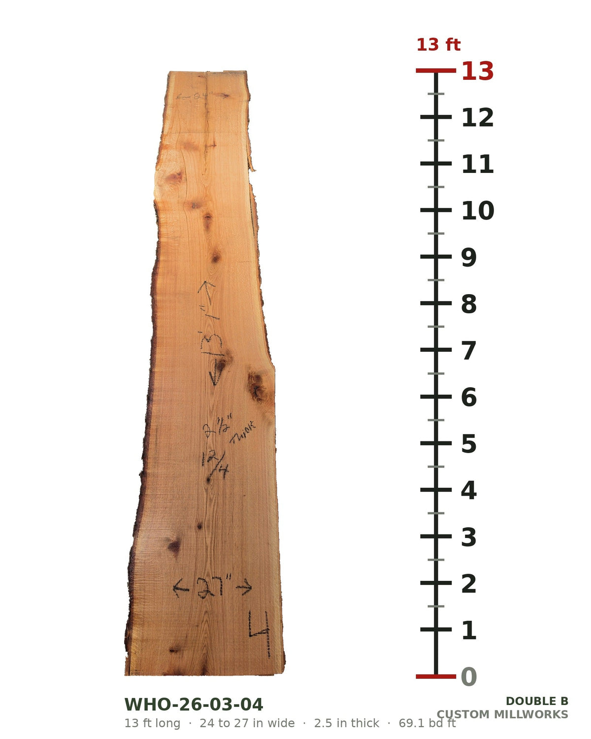 White oak live edge slab WHO-26-03-04, 13 ft long, 24 to 27 in wide, 2 1/2 in thick, 69.1 board feet