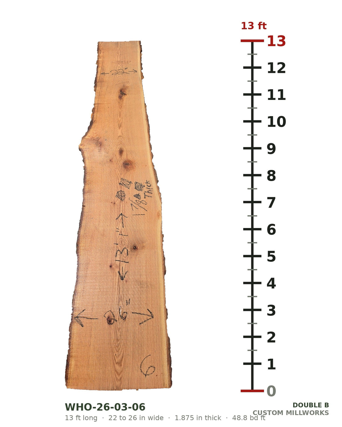 White oak live edge slab WHO-26-03-06, 13 ft long, 22 to 26 in wide, 1 7/8 in thick, 48.8 board feet
